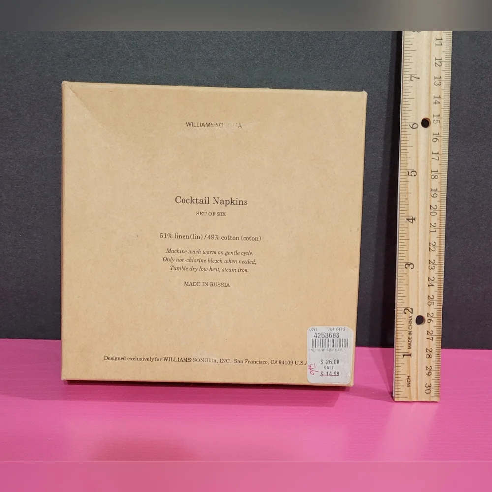 William-Sonoma Linen & Cotton Set Of 6 Yellow And White Cocktail Napkins